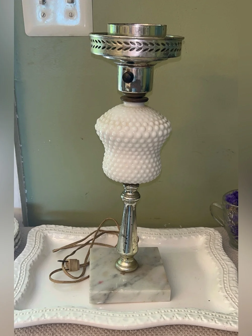 Vintage Hurricane Style Hobnail Milk Glass Table Lamp with a Marble Base